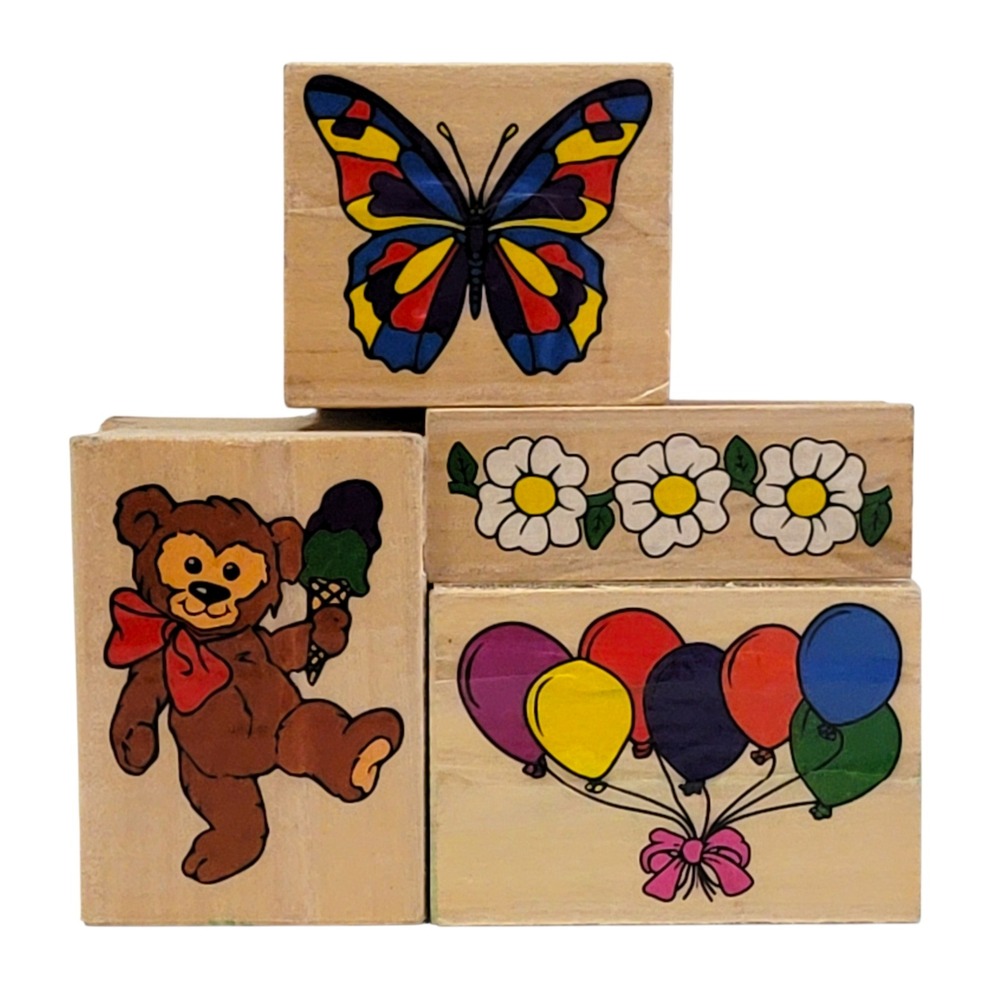 Melissa‎ & Doug Rubber Stamps Set of 4 Butterfly Bear Balloons Flowers Wood Lot